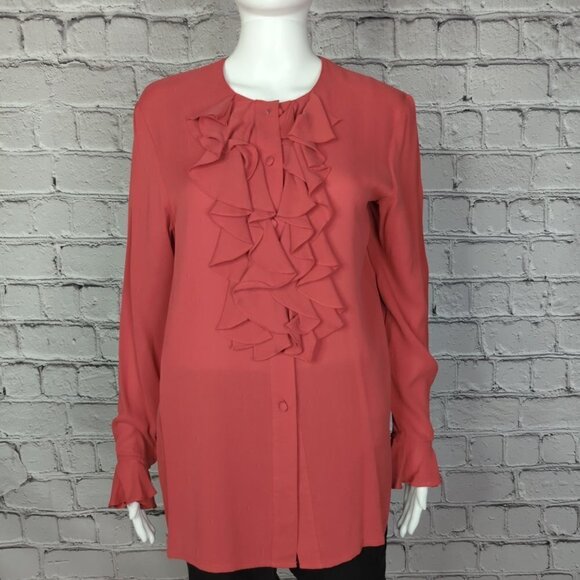 Diane Von Furstenberg Red Silk Ruffle Trim Blouse, Women's Small - Picture 2 of 9